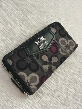 Coach Signature Satin Zip Wallet in Charcoal/Purple